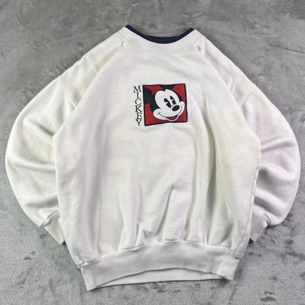 Vintage Mickey Mouse Crewneck Sweatshirt White Fleece Disney Pullover Size Small